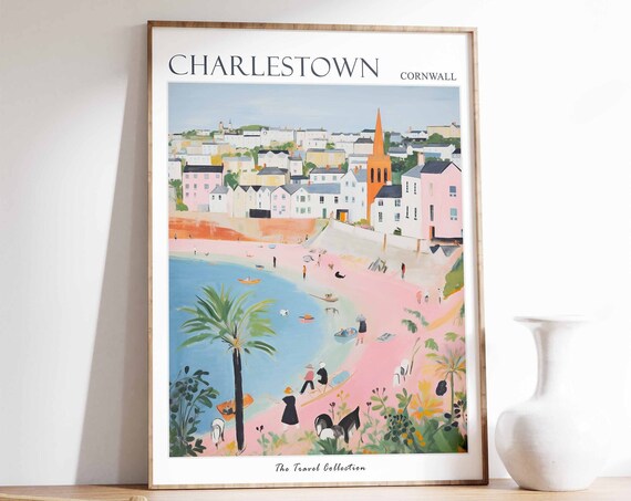 Charlestown Cornwall Pink Harbor Beach England Travel Poster