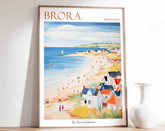 Brora Scotland Sandy Beach Village Colorful Painting Travel Poster