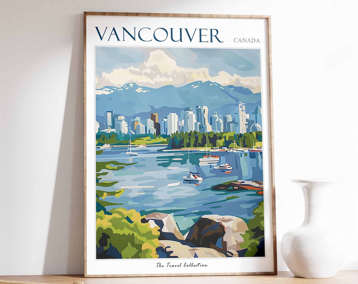 Vancouver Canada Harbor Boats Travel Poster Mountain City Artwork