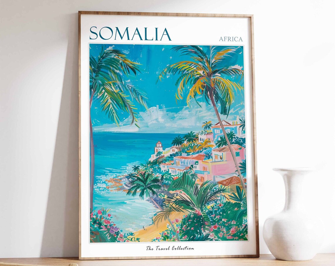 Somalia Palm Framed Coastal Town Turquoise Sea Africa Poster
