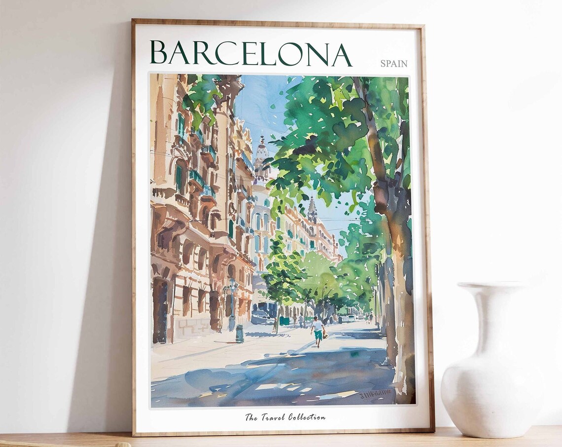 Barcelona Spain Sunlit Street Watercolor Cityscape Travel Poster