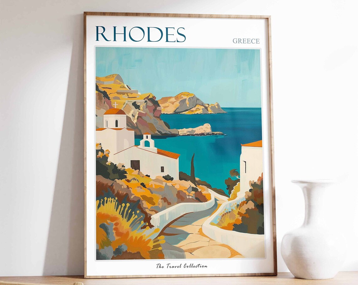 Rhodes Greece Coastal Chapel Painting Turquoise Bay Island Poster