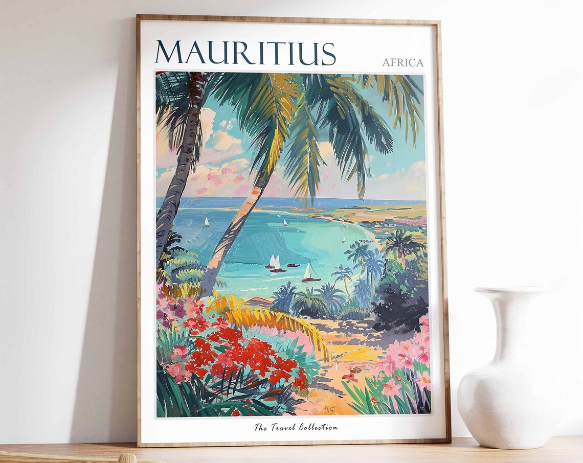 Mauritius Travel Poster, Tropical Botanical Coastal Decor