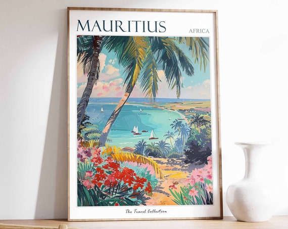Mauritius Travel Poster, Tropical Botanical Coastal Decor