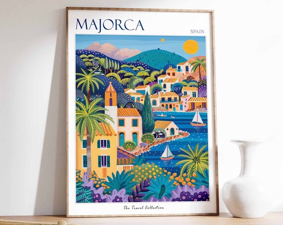 Majorca Poster Majorca Travel Print Spain Travel Poster Tropical Decor Beach Art Travel Gift Floral Print Coastal Decor