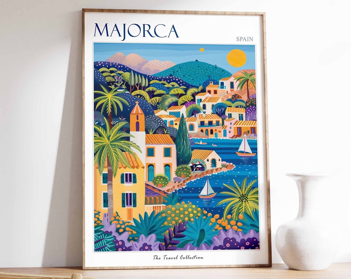 Majorca Spain Colorful Seaside Village Palms Sailboats Poster