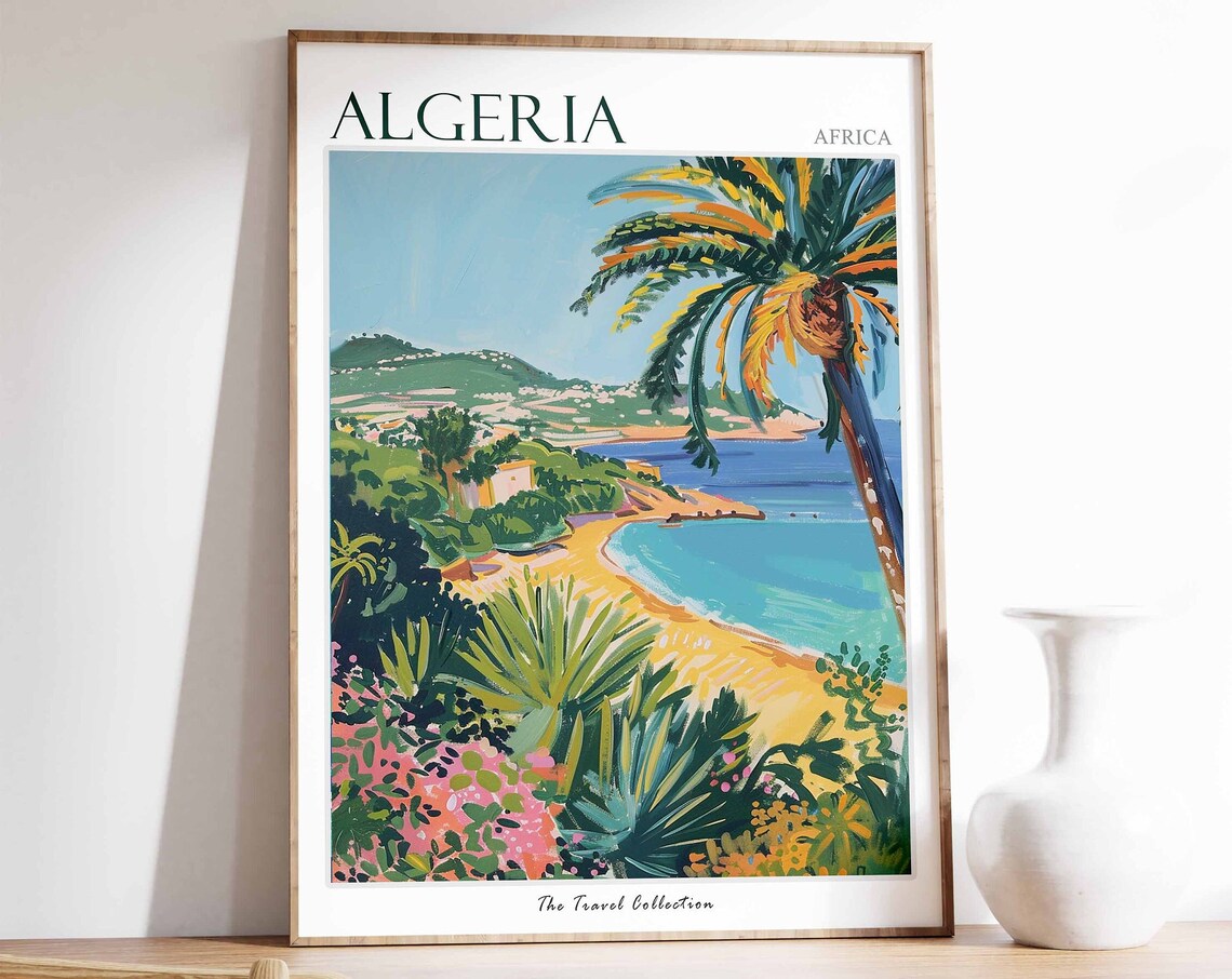 Algeria Africa Sandy Cove Palm Turquoise Water Travel Poster
