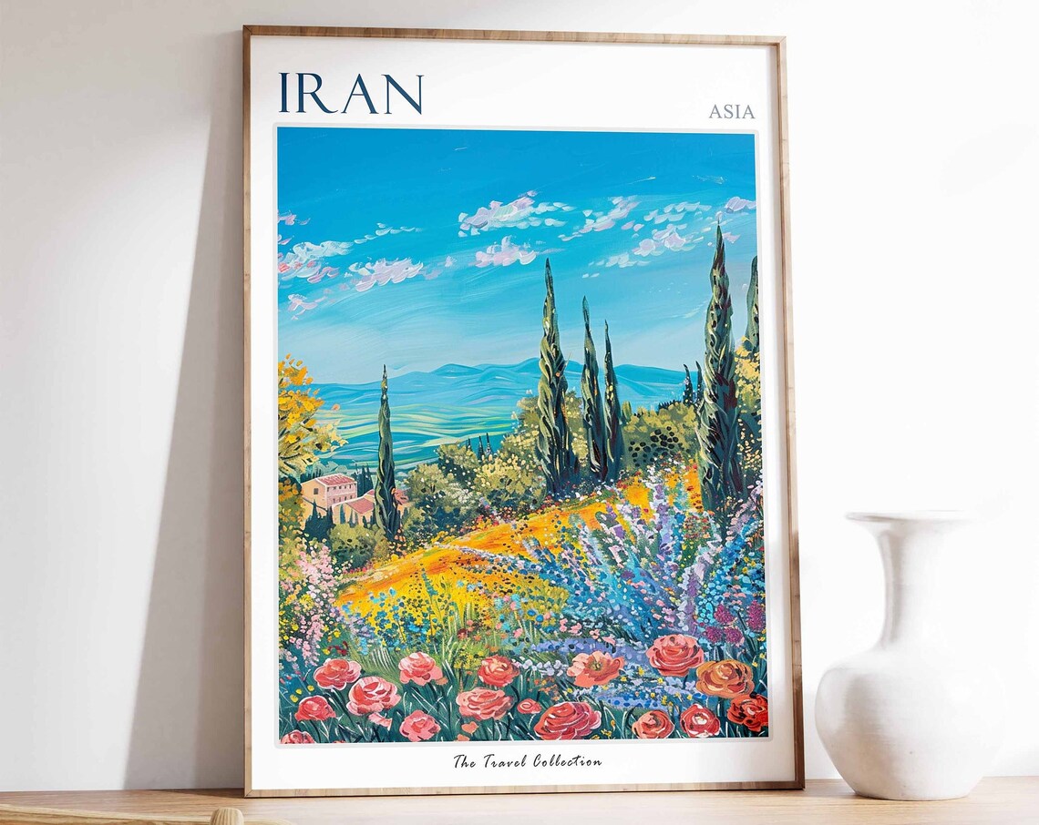 Iran Colorful Rose Garden Cypress Hills Blue Sky Travel Poster