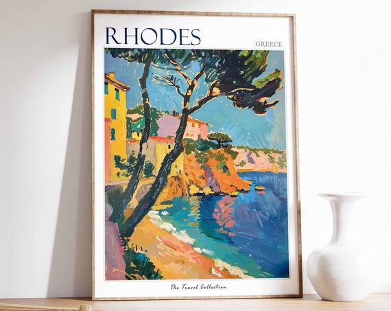 Rhodes Poster Rhodes Travel Print Greece Travel Poster Tropical Decor Beach Art Travel Gift Floral Print Coastal Decor