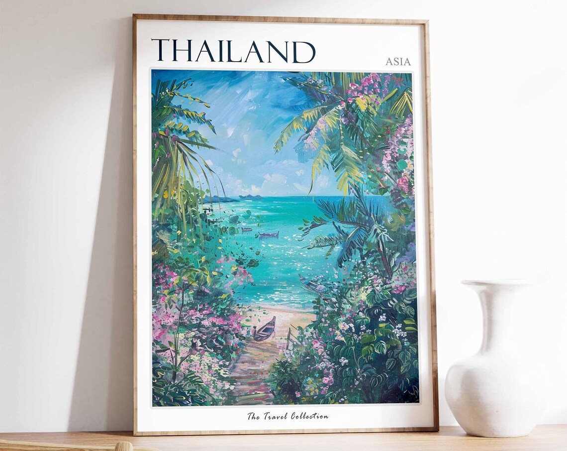 Thailand Asia Turquoise Beach Cove with Palms and Boats Poster