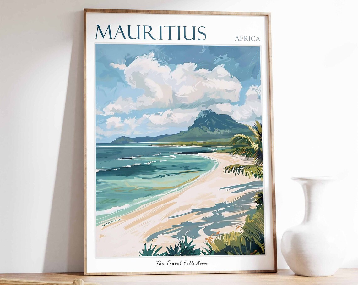 Mauritius Travel Poster, Tropical Botanical Decor