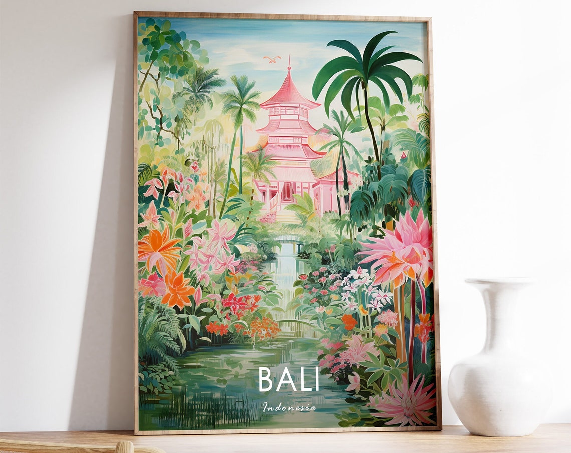 Bali Indonesia Pink Temple Tropical Garden Flowers Travel Poster
