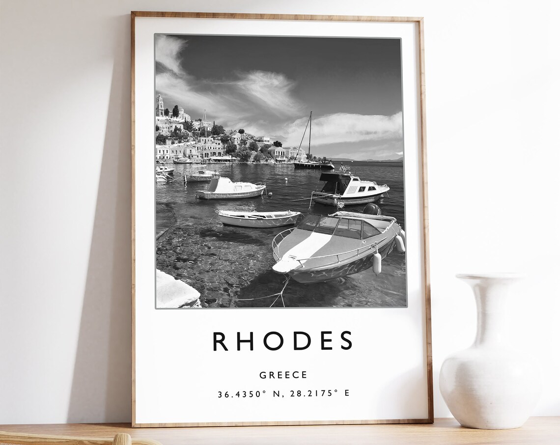 Rhodes Greece Travel Poster, Black and White Art Print