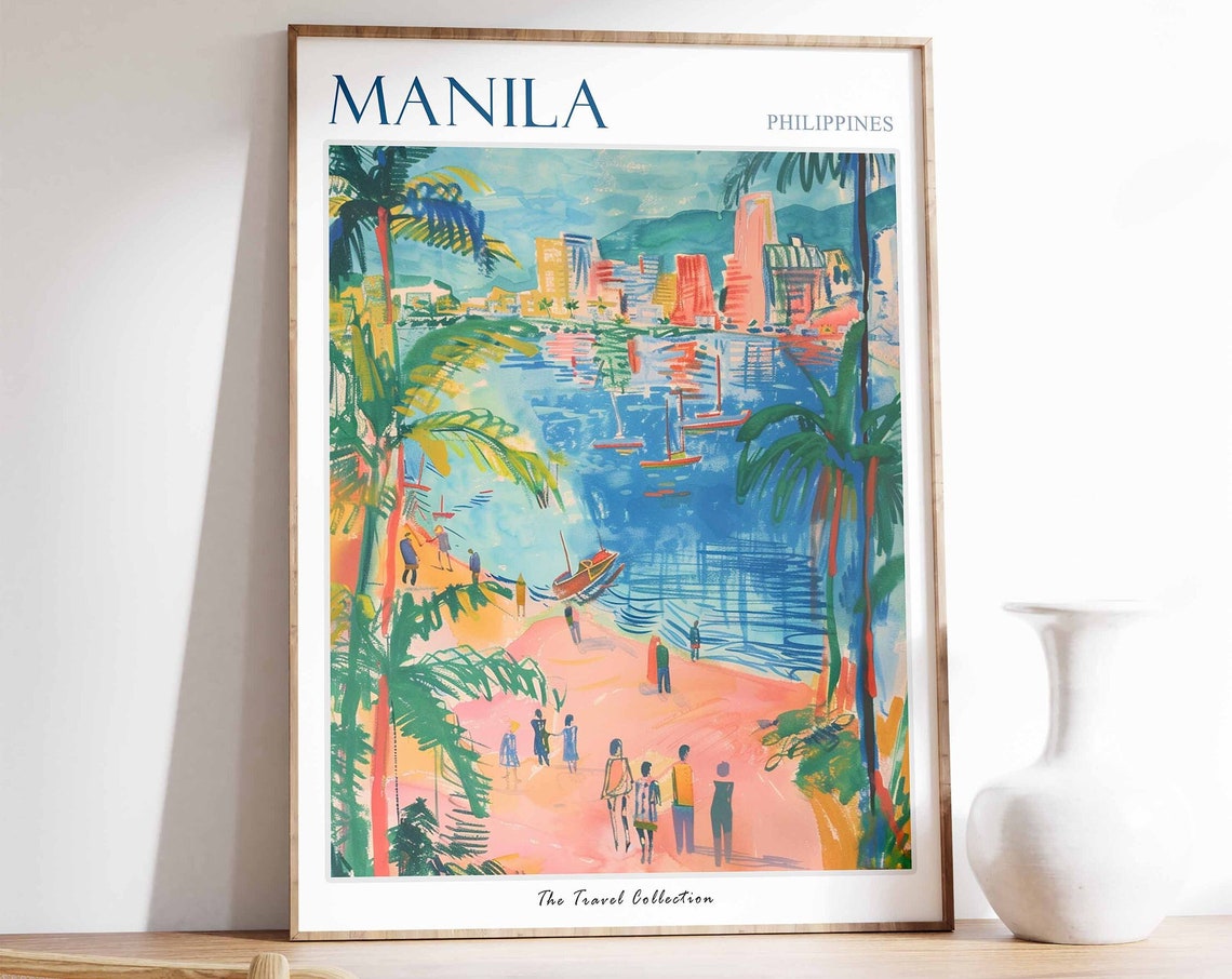 Manila Philippines Travel Poster Beach City Skyline And Palm Trees