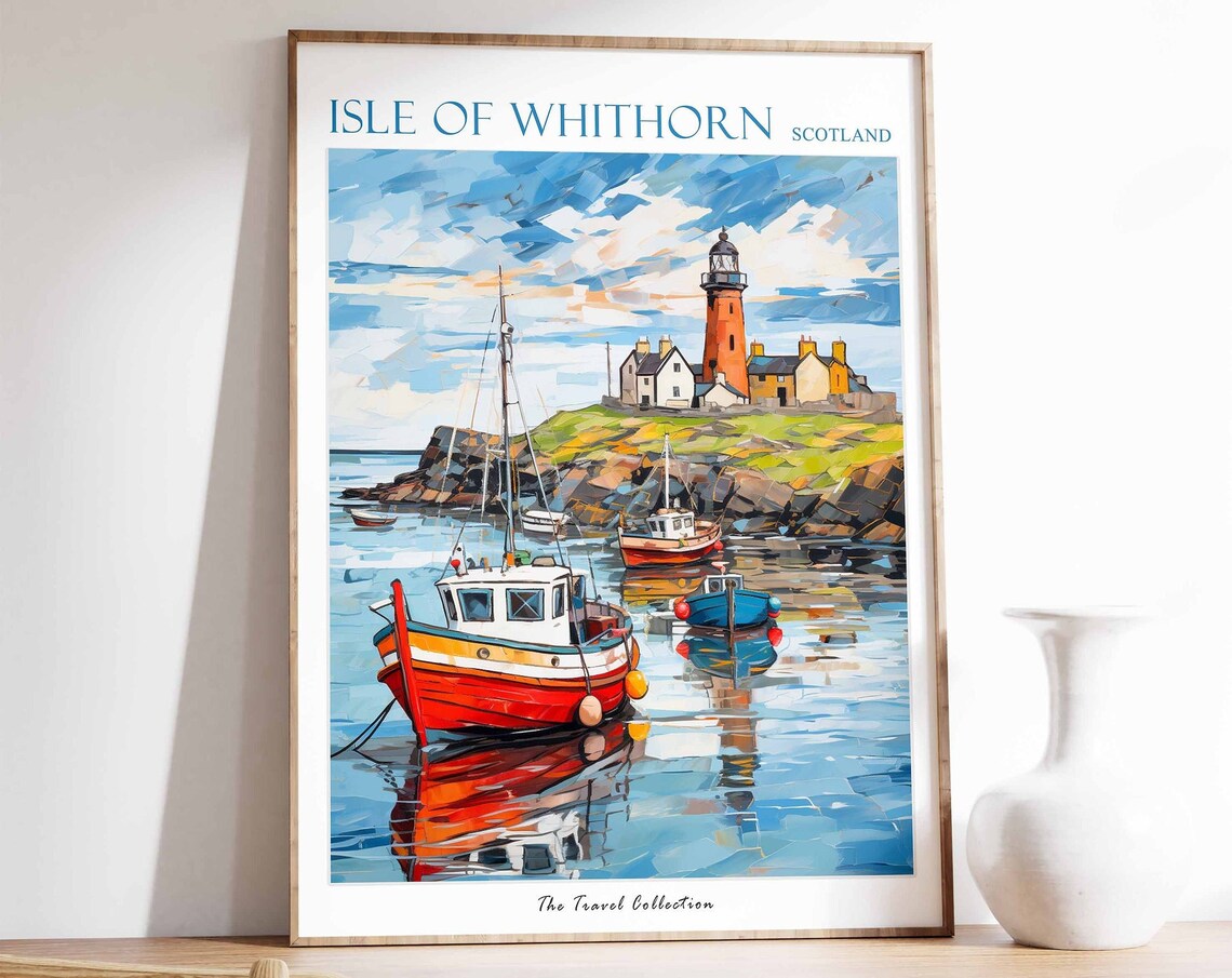 Isle of Whithorn Scotland Fishing Harbor and Red Lighthouse Poster