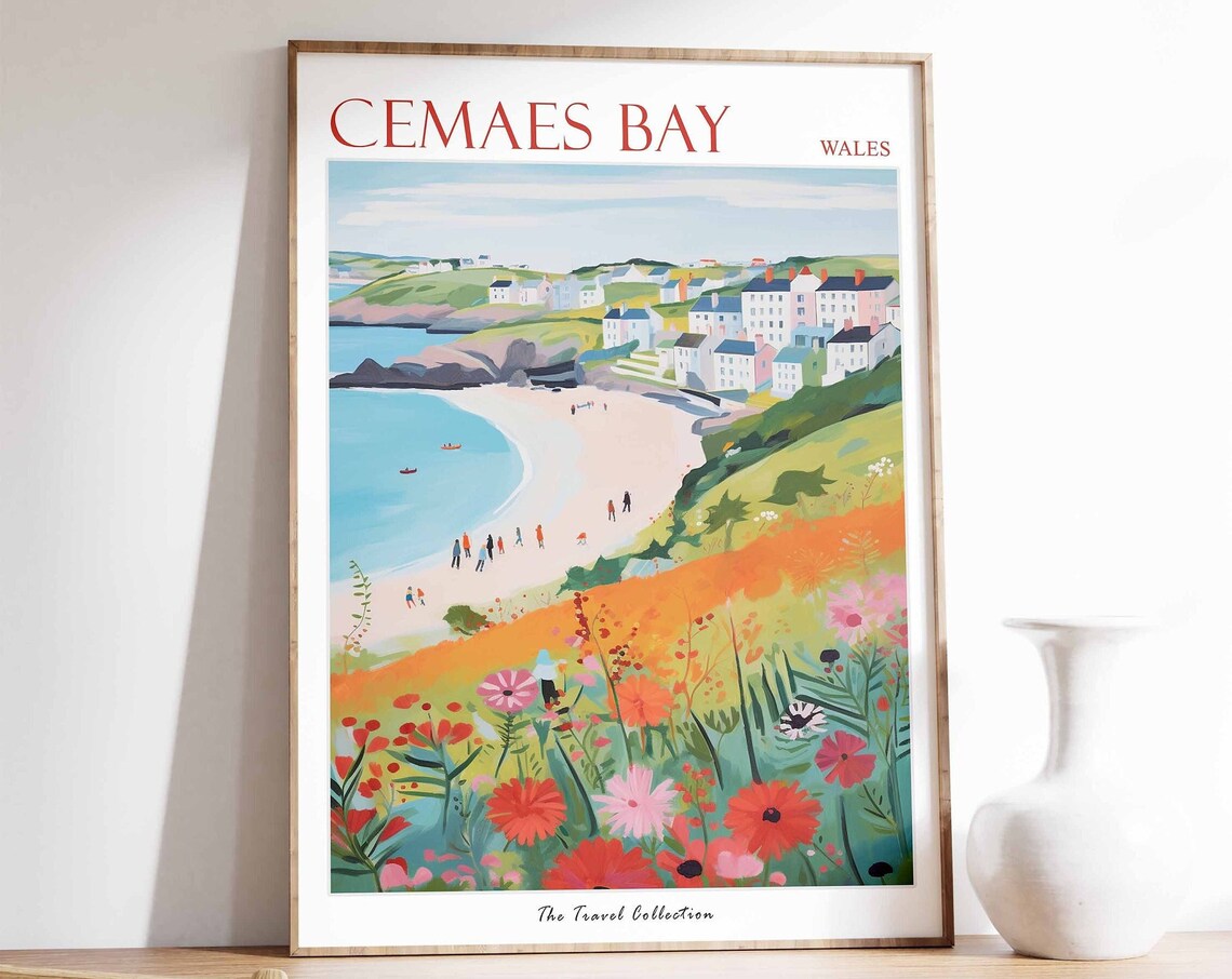 Cemaes Bay Wales Wildflower Meadow Coastal Village Travel Poster