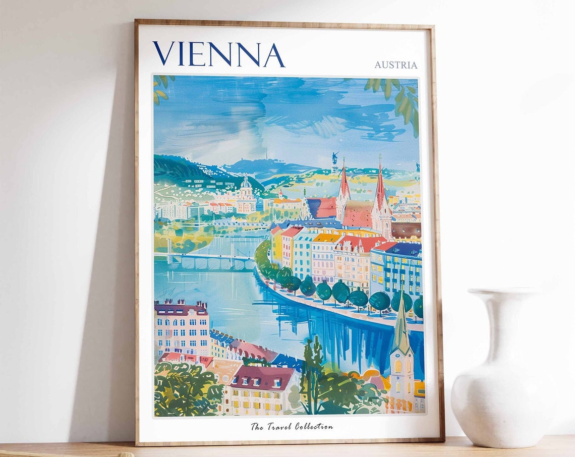Vienna Austria Danube River Waterfront Watercolor Travel Poster