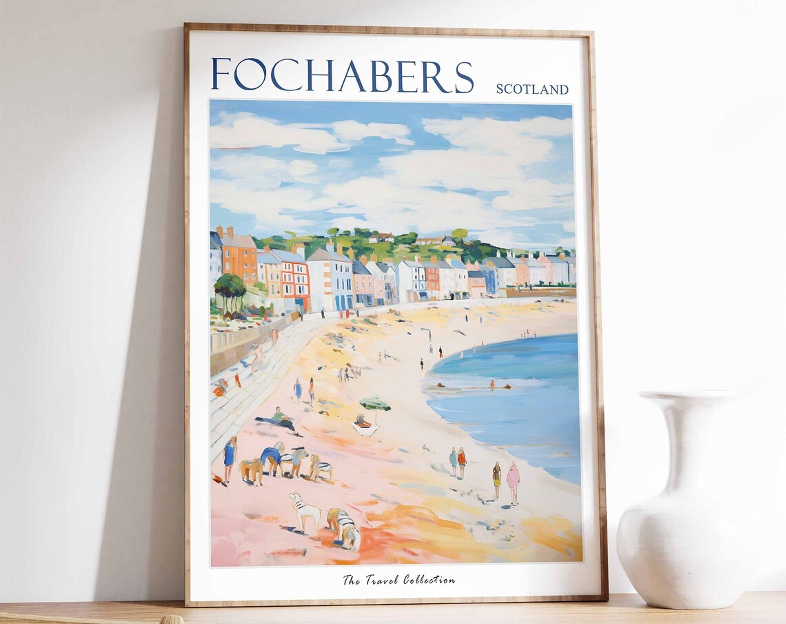 Fochabers Scotland Beach Dogs Town Scene Vintage Travel Poster