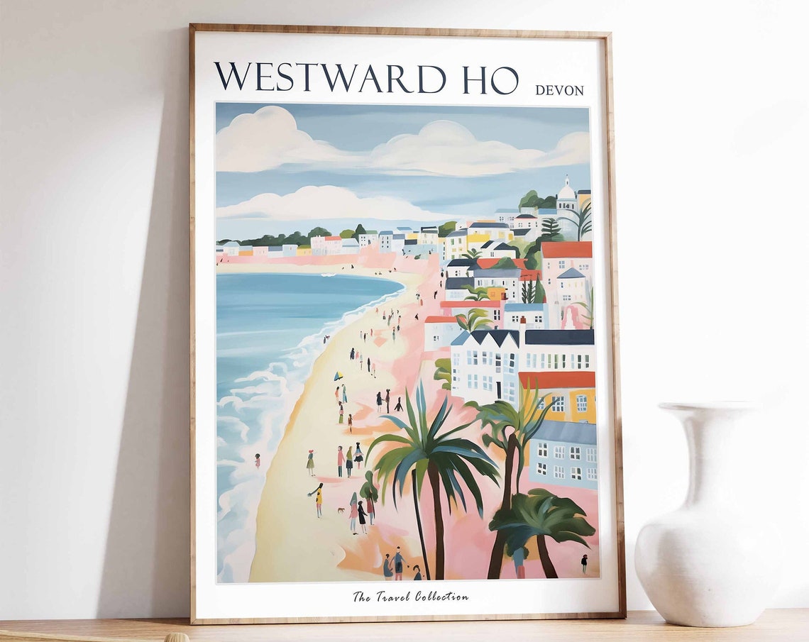 Westward Ho Devon Travel Poster Pastel Beach Town Palm Bathers Art