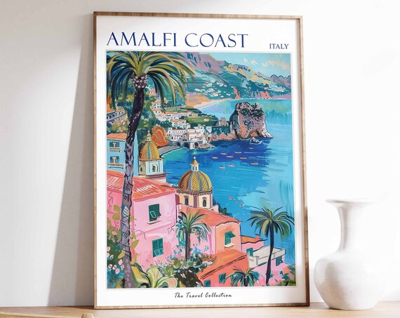 Amalfi Coast Poster Amalfi Travel Print Italy Travel Poster Tropical Decor Beach Art Travel Gift Floral Print Botanical Print