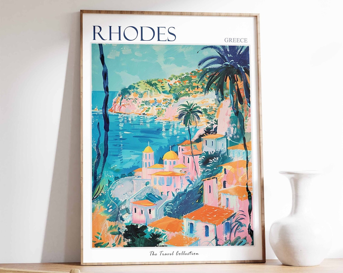Rhodes Travel Poster, Greece Tropical Coastal Decor