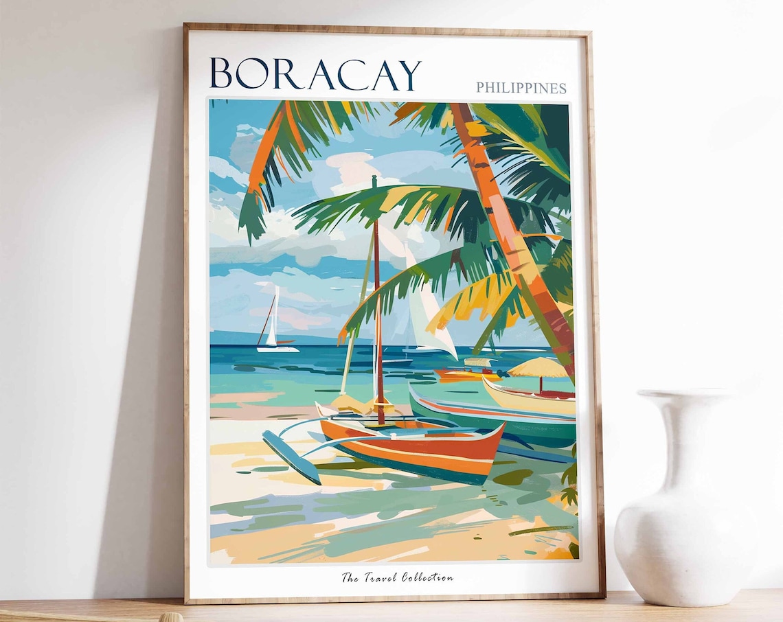 Boracay Philippines Tropical Beach Sailboats Travel Art Poster