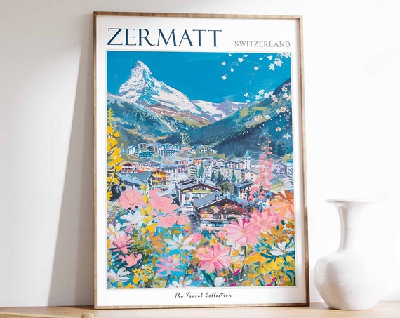 Zermatt Poster Zermatt Travel Print Zermatt Gift Skiing Wall Art Alpine Travel Poster Switzerland Wall Art Swiss Travel Print