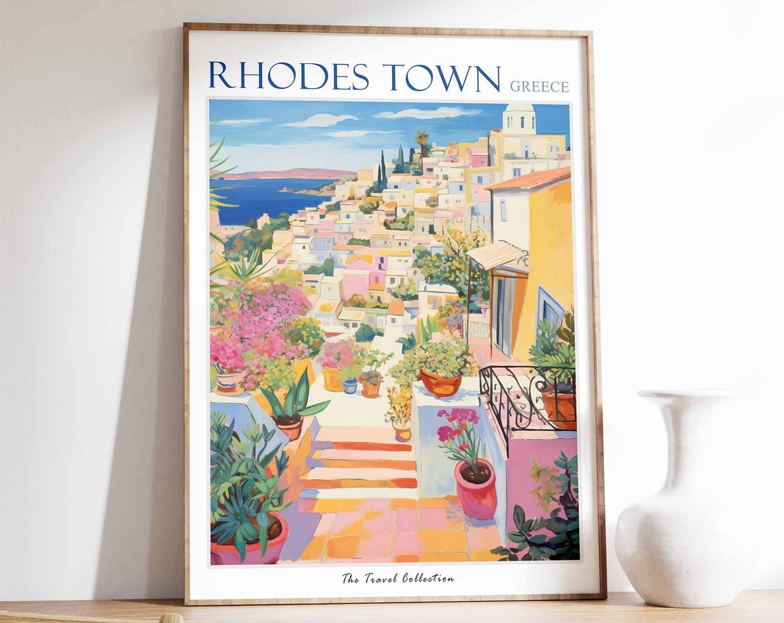 Rhodes Town Greece Colorful Hillside and Flower Steps Poster