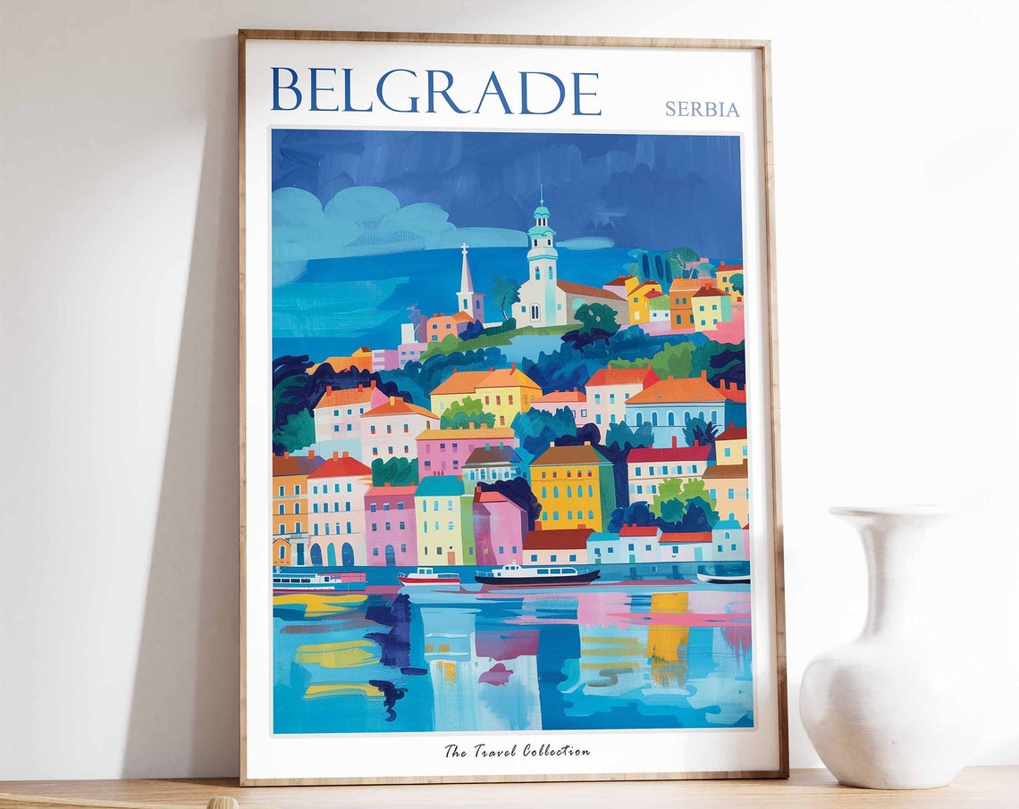 Belgrade Serbia Riverfront Boats Colorful Hillside Houses Poster
