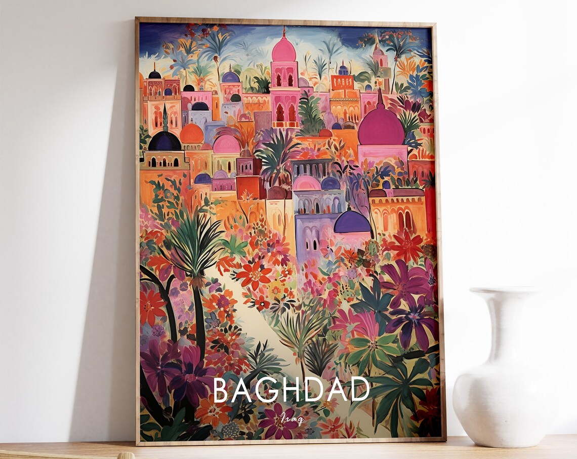 Baghdad Travel Poster, Islamic Floral Wall Art