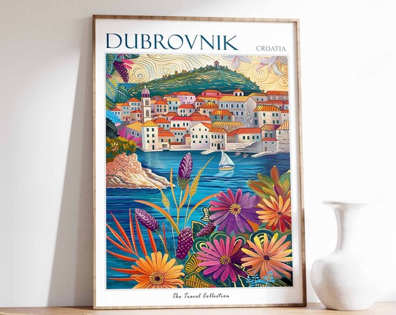 Dubrovnik Poster Dubrovnik Travel Print Croatia Travel Poster Tropical Decor Beach Art Travel Gift Floral Print Coastal Decor