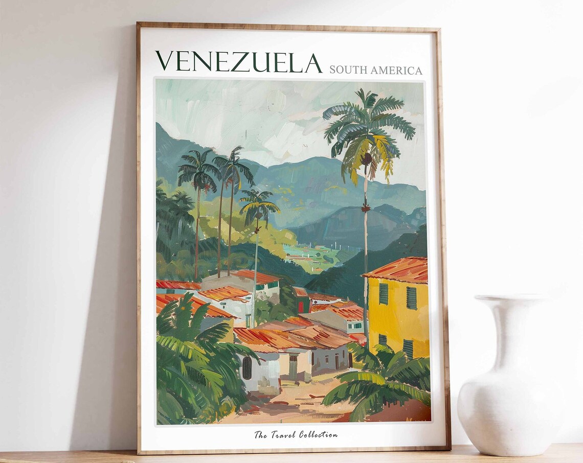 Venezuela South America Tropical Village Palm Trees Travel Poster