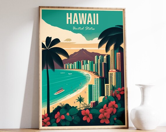Hawaii Travel Print Hawaii Travel Poster Hawaii Travel Wall Art Colourful Travel Art Vintage Travel Travel Gift A1a2a3a4