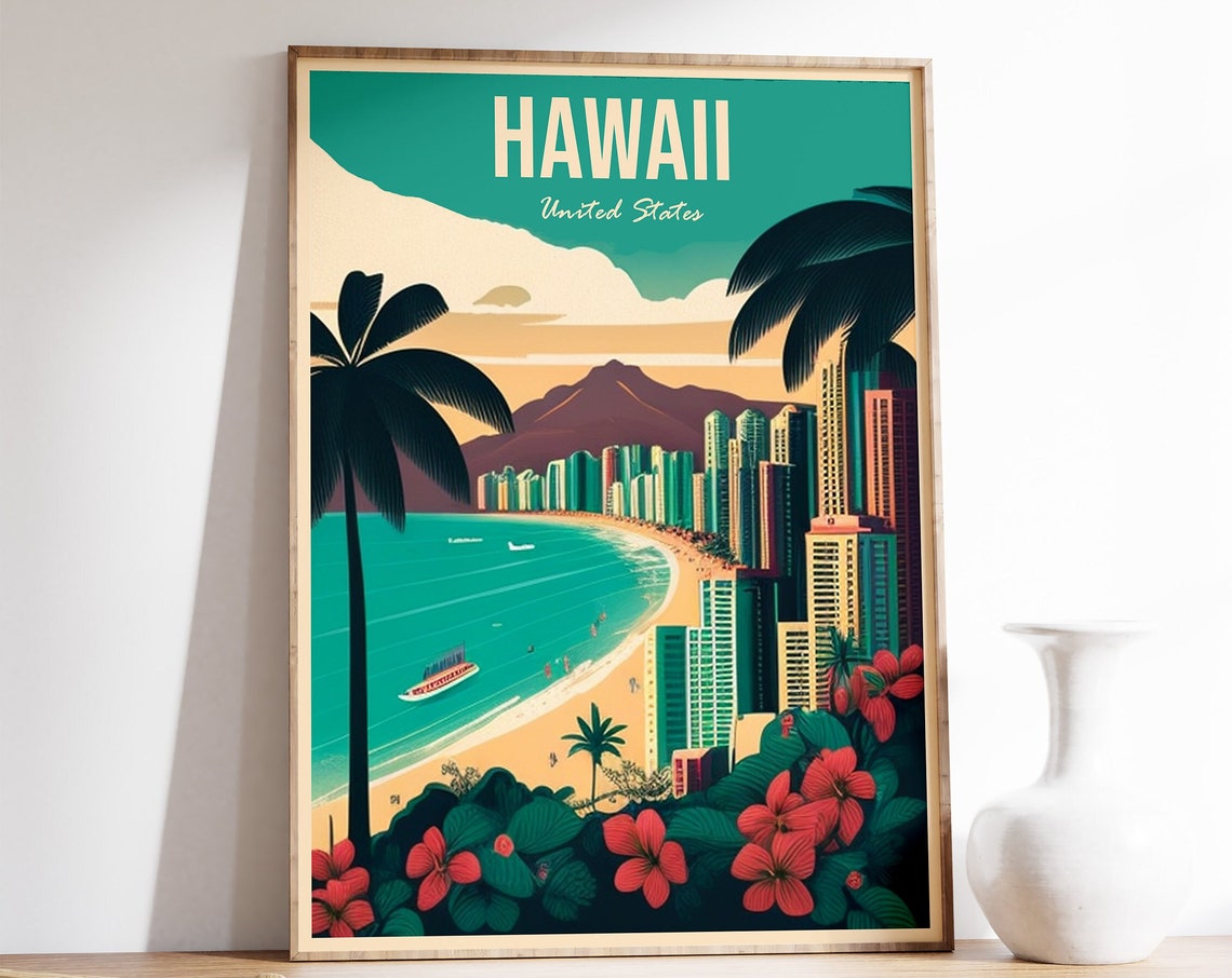 Hawaii Travel Print Hawaii Travel Poster Hawaii Travel Wall Art Colourful Travel Art Vintage Travel Travel Gift A1a2a3a4