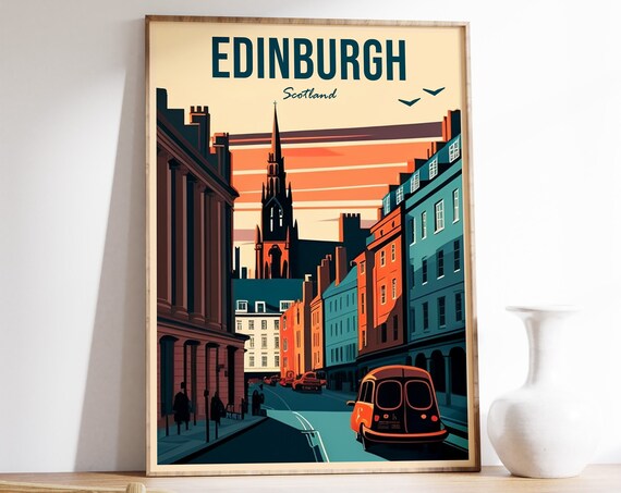 Edinburgh Scotland Retro Sunset Street Scene Vintage Travel Poster