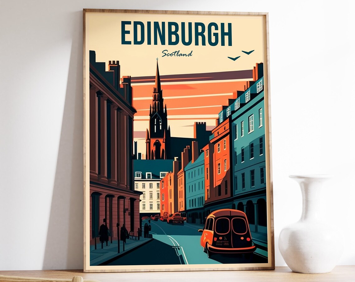 Edinburgh Scotland Retro Sunset Street Scene Vintage Travel Poster