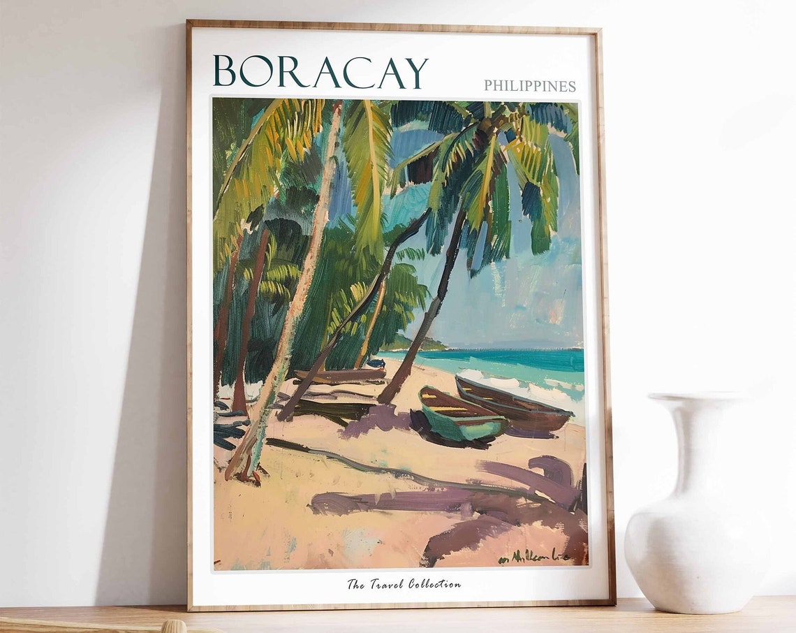 Boracay Philippines Tropical Beach Painterly Palm Tree Travel Poster