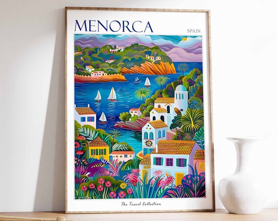 Menorca Poster Menorca Travel Print Spain Travel Poster Tropical Decor Beach Art Travel Gift Floral Print Coastal Decor