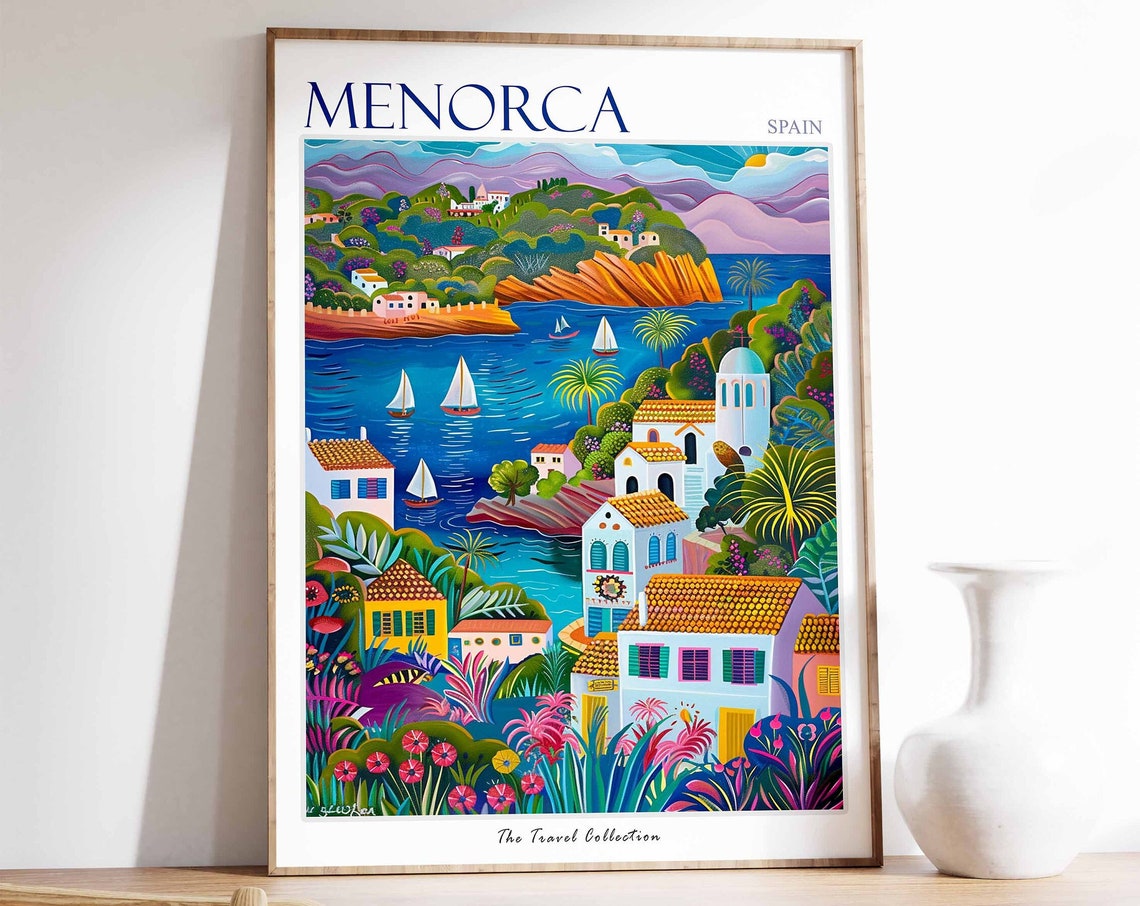 Menorca Spain Vibrant Sailboat Harbor Tropical Flower Art Poster