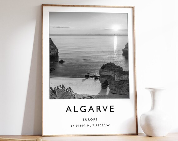 Algarve Europe Coastal Cliffs Sunset Black And White Photo Poster
