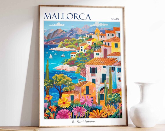 Mallorca Poster Mallorca Travel Print Spain Travel Poster Tropical Decor Beach Art Travel Gift Floral Print Coastal Decor