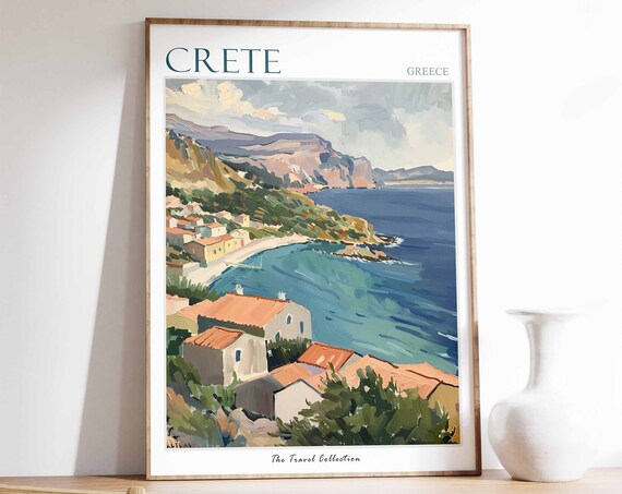 Crete Poster Crete Travel Print Greek Travel Poster Tropical Decor Beach Art Travel Gift Floral Print Coastal Decor Coast Wall Art