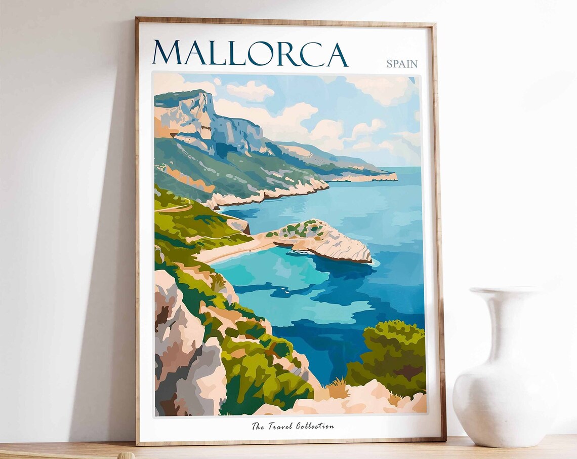 Mallorca Spain Turquoise Cove Rocky Coastline Colorful Art Poster