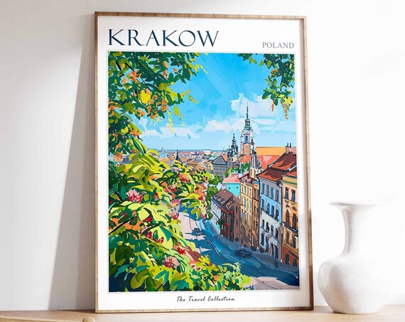 Krakow Poland Old Town Street Colorful Flowered City Travel Poster