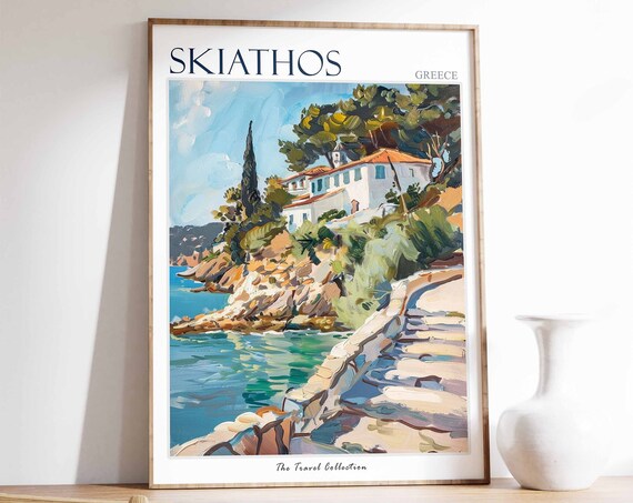 Skiathos Poster Skiathos Travel Print Greece Travel Poster Tropical Decor Beach Art Travel Gift Floral Print Coastal Decor