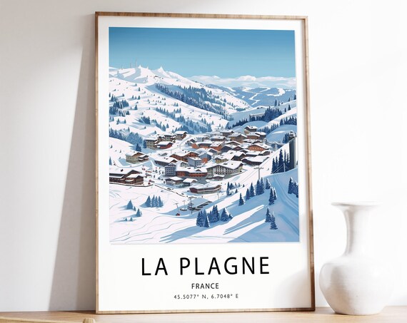 La Plagne France Snowy Ski Resort Mountain Slopes Travel Poster