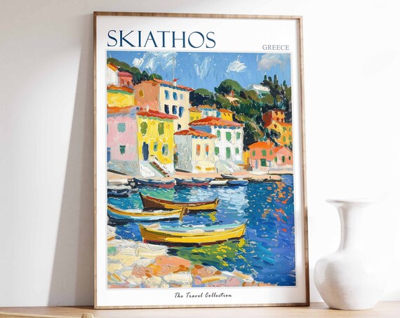 Skiathos Poster Skiathos Travel Print Greece Travel Poster Tropical Decor Beach Art Travel Gift Floral Print Coastal Decor