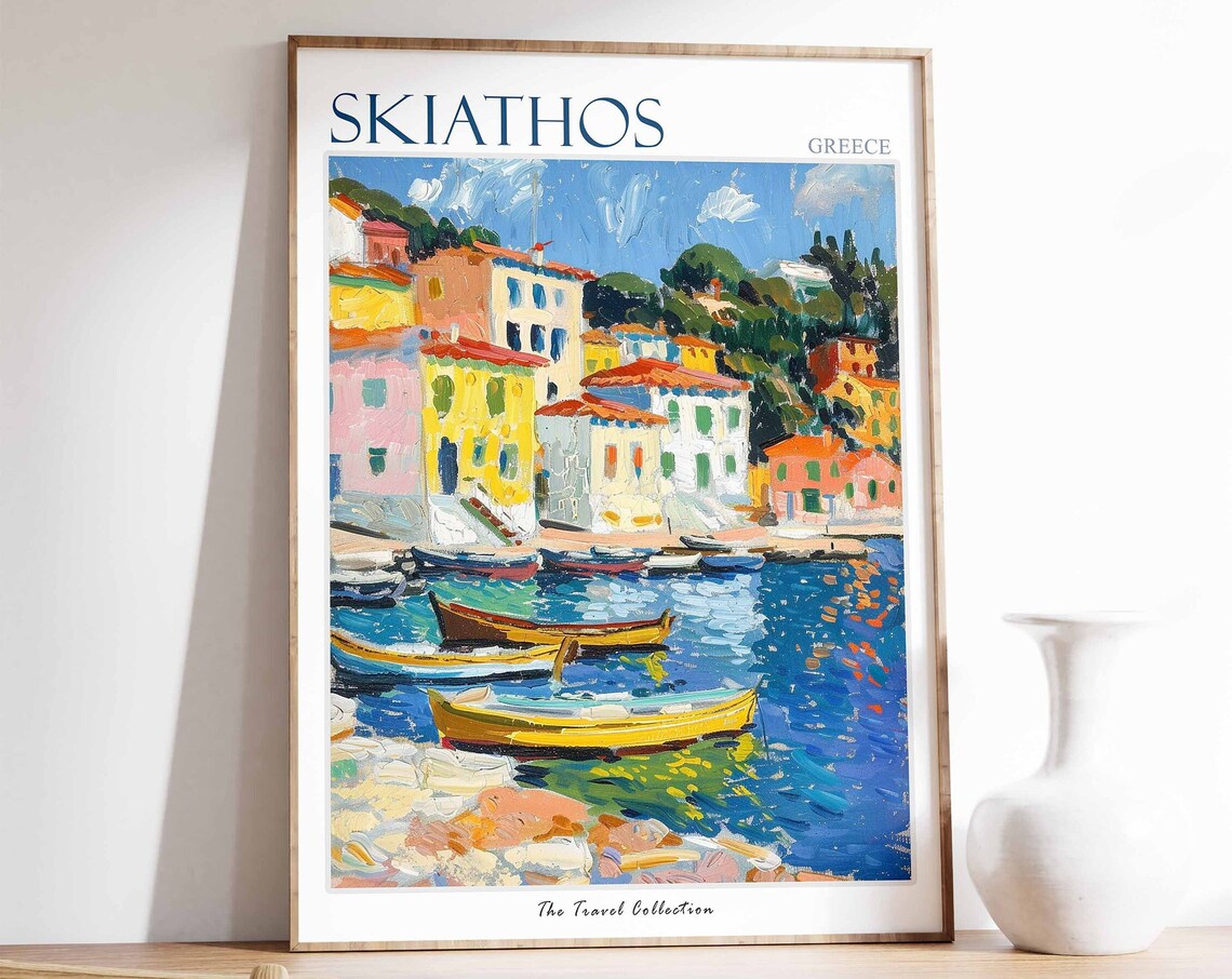 Skiathos Greece Harbor Boats Colorful Impressionist Art Poster