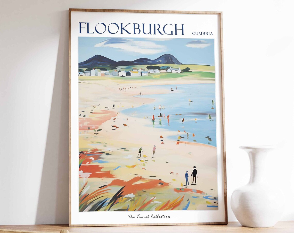 Flookburgh Cumbria Estuary Beach Mountains Vintage Travel Poster