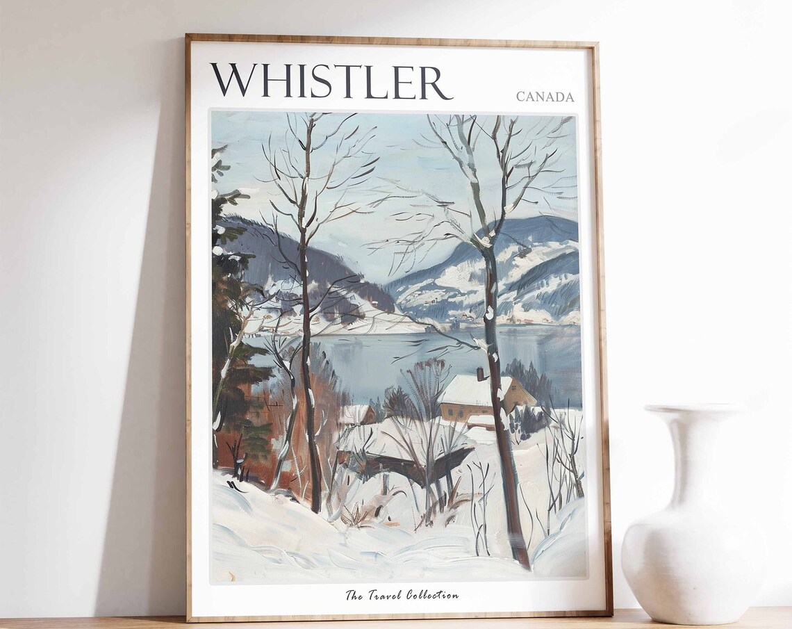 Whistler Canada Winter Lake and Mountain Village Watercolor Poster